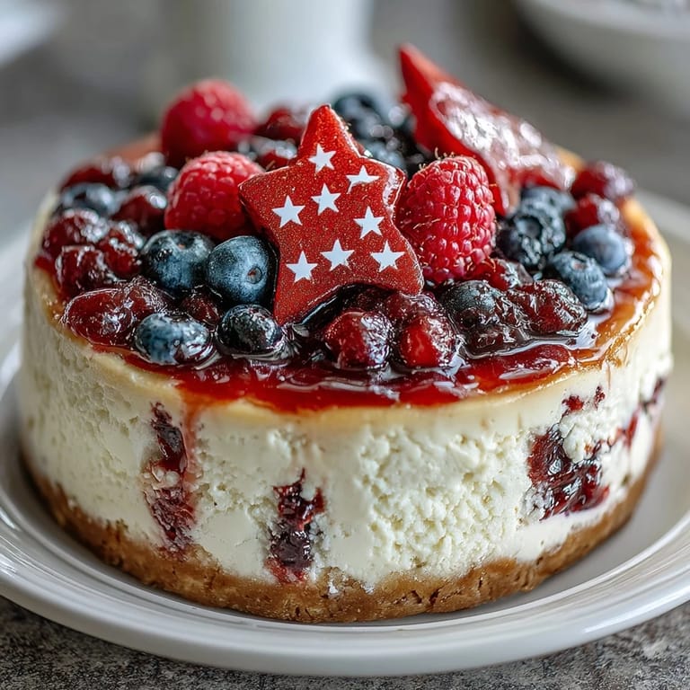 Creamy no-bake cheesecake layered with graham cracker crust and topped with fresh strawberries, blueberries, and raspberries in American flag design.