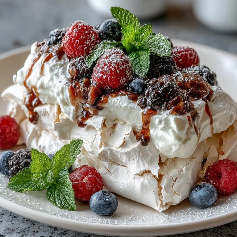 Showstopping Mothers Day Pavlova with Mixed Berries, a gluten-free dessert with airy meringue, fluffy cream, and juicy berry topping.