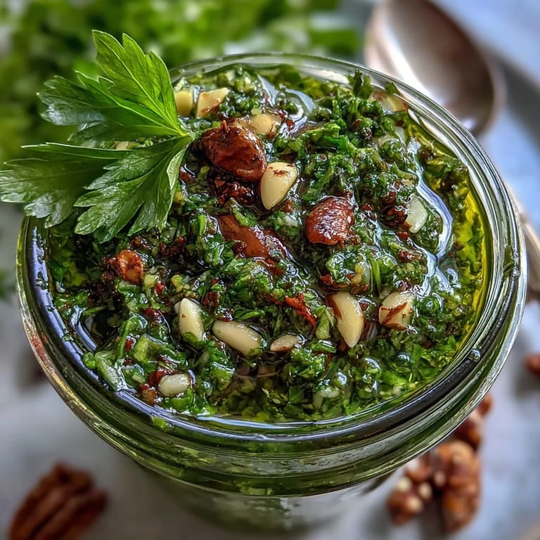 Bright green dandelion pesto with garlic and pine nuts, a flavorful condiment for Italian-inspired dishes.