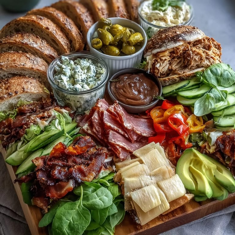Vibrant sandwich board featuring smoked turkey, honey ham, roast beef, cheeses, and colorful vegetables ready for guests to build their own perfect sandwich.
