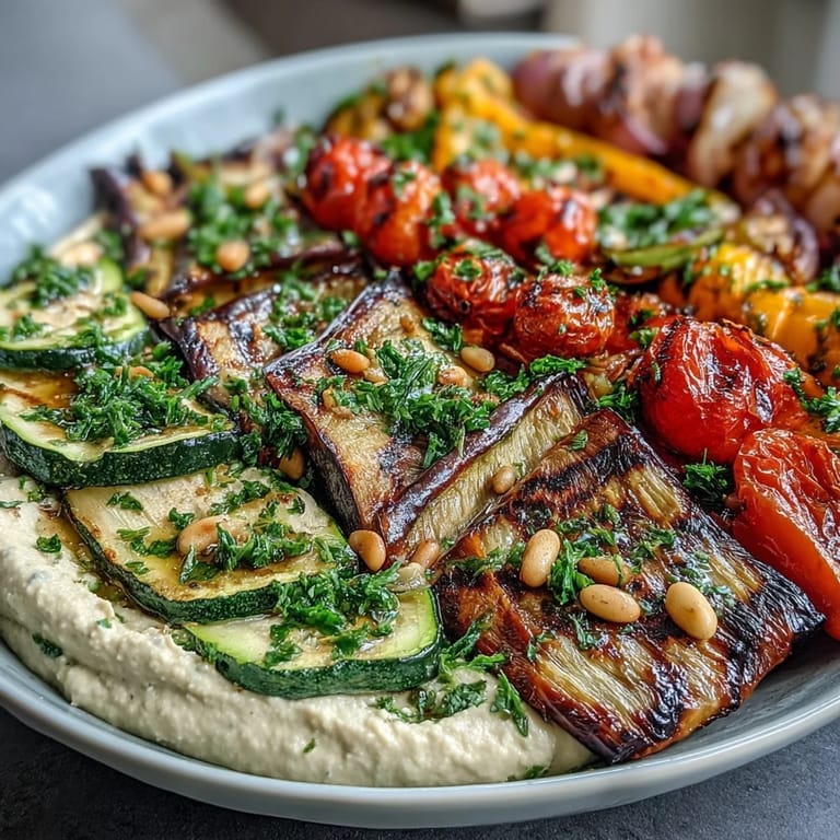 Vibrant grilled vegetable platter with hummus, featuring zucchini, bell peppers, eggplant, and tomatoes for a healthy Mediterranean side.