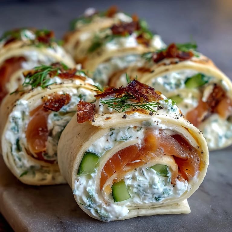 Creamy dill-infused cheese and smoked salmon wrapped in tortillas, sliced into elegant Smoked Salmon & Cucumber Cream Cheese Pinwheels.