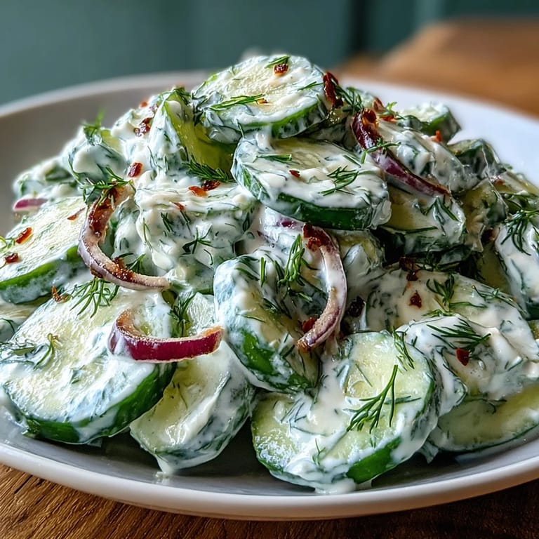 Refreshing Creamy Cucumber Dill Salad served chilled, with vibrant cucumbers and dill in a tangy sour cream dressing, ideal for light meals.
