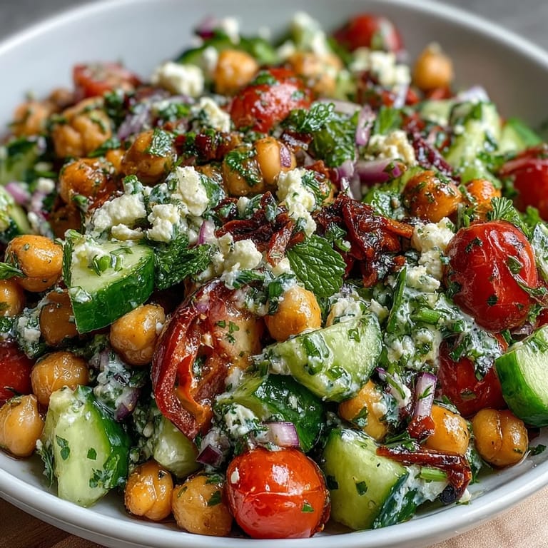 A colorful medley of Cold Chickpea Salad with Lemon Herbs, topped with creamy feta and served chilled for a perfect picnic side.