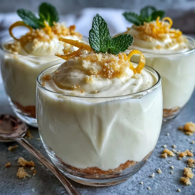 Creamy lemon mousse in individual cups paired with golden shortbread cookies, topped with lemon zest curls and berries.  