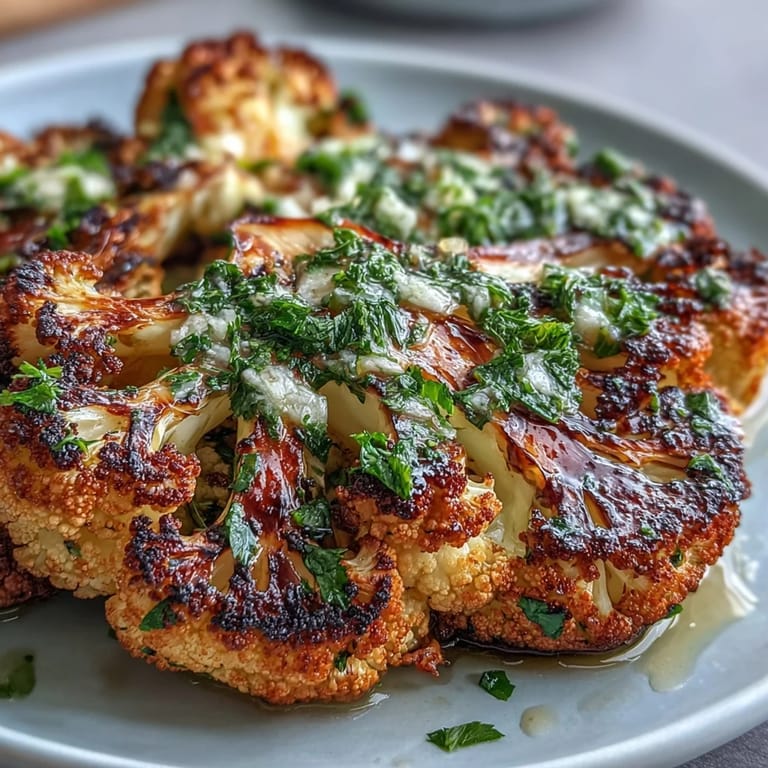 Charred BBQ cauliflower steaks, generously drizzled with vibrant, garlicky chimichurri sauce.