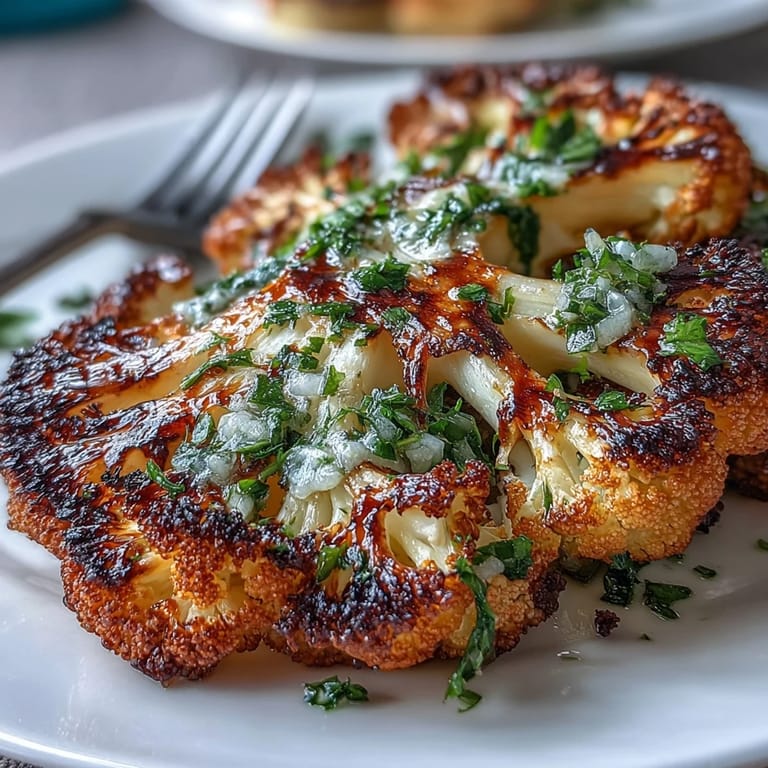Plant-based centerpiece: Flavorful BBQ cauliflower steaks crowned with fresh, zesty chimichurri.