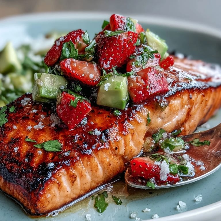 Flaky grilled salmon fillet generously covered in fresh strawberry, avocado, and lime salsa.