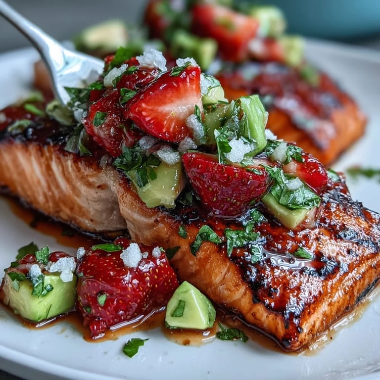 Savory grilled salmon dish with a vibrant, colorful strawberry avocado salsa topping served artfully.
