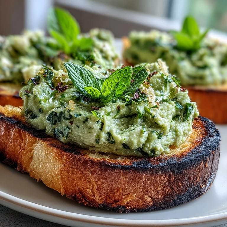 Bright, fresh fava bean and mint atop crisp, grilled sourdough for a delightful bite.