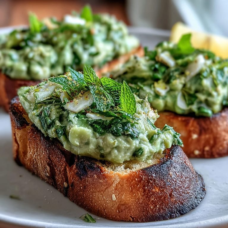 Artfully arranged fava bean and mint bruschetta, showcasing fresh flavors on toasted sourdough.