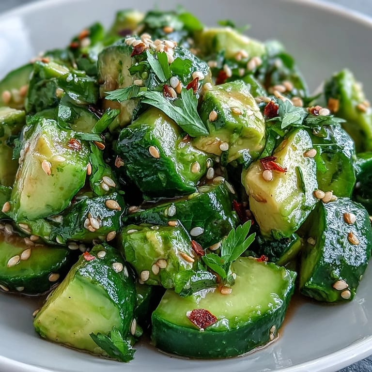 Creamy Smashed Cucumber and Avocado Salad with nutty sesame seeds, bursting with flavor.