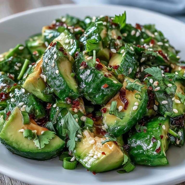 Healthy Smashed Cucumber and Avocado Salad with toasted sesame, a perfect light lunch.