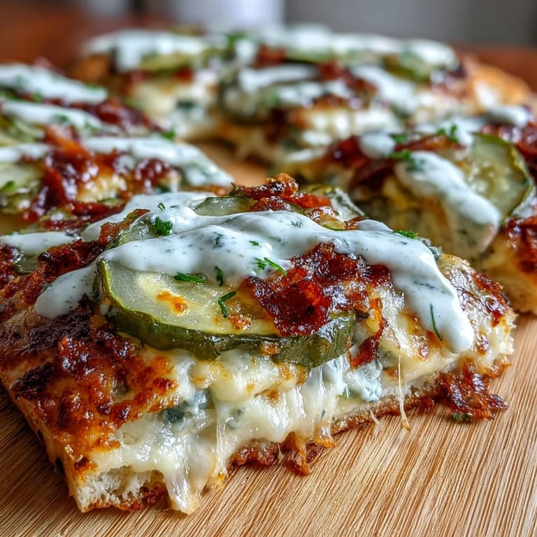 Pickle pizza flatbread hot from oven with creamy garlic ranch drizzle.