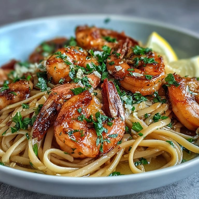Shrimp Scampi Linguine glistening with garlic, lemon, and fresh parsley.
