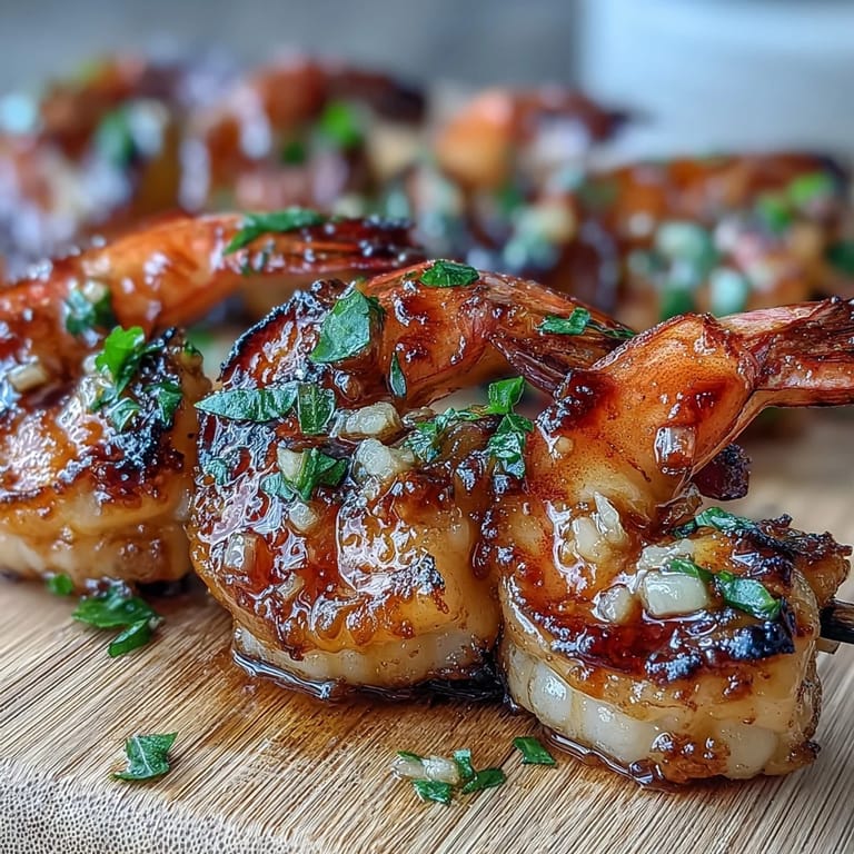 Close-up of juicy Grilled Honey Garlic Shrimp Skewers with fresh parsley garnish.