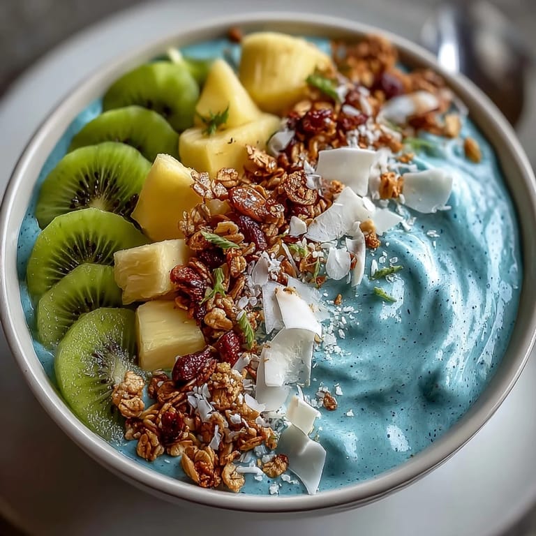 Mouthwatering Blue Spirulina Smoothie Bowl adorned with kiwi, mango, and coconut for breakfast.