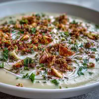 A bowl of velvety celeriac soup with hazelnut crumble, garnished with fresh parsley and a light drizzle of cream.