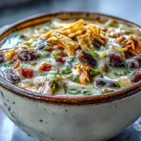 A bowl of Easy Chicken Tortilla Soup topped with shredded cheddar, cilantro, and crispy tortilla strips.