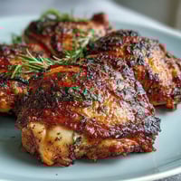 Juicy baked bone-in chicken thighs with golden, crackling skin and a smoky spice blend on a serving platter with lemon wedges and parsley.