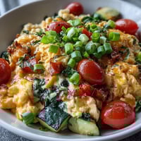 Creamy scrambled eggs and colorful sautéed veggies topped with melted cheese in a hearty breakfast bowl.