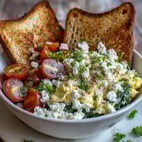 A close-up of a warm Spinach and Feta Breakfast Bowl featuring creamy scrambled eggs, wilted spinach, juicy cherry tomatoes, and crumbled feta cheese.