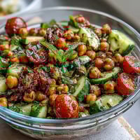 A vibrant bowl of Healthy Easy Cucumber Chickpea Salad with Lemon Vinaigrette, bursting with fresh cucumbers, tomatoes, and herbs.