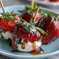 Strawberry Caprese Skewers with juicy strawberries, creamy mozzarella, and fresh basil drizzled with balsamic glaze, served on a rustic wooden board.