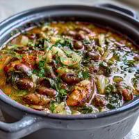 Soul Food Black-Eyed Pea and Collard Green Stew simmering in a Dutch oven with smoky aromas and hearty greens.