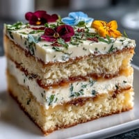 Beautiful spring cake with lemon curd filling and pressed edible flowers on top.