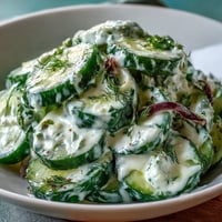Creamy Cucumber Dill Salad with fresh cucumbers and red onions in a tangy dill dressing, perfect for summer picnics or barbecues.