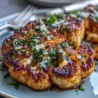 Smoky BBQ cauliflower steaks grilled tender, bright with herbaceous chimichurri topping.